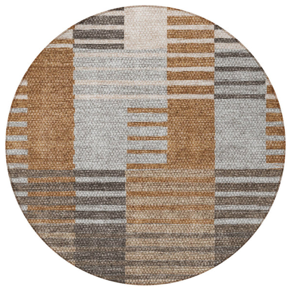 Homeroots 3' Brown Gold Taupe Striped Washable Area Rug - Perfect For Indoor And Outdoor Spaces, Durable Design 8' Round Polyester 581703