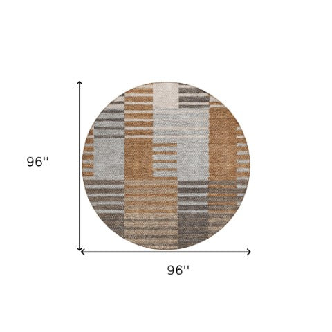 Homeroots 3' Brown Gold Taupe Striped Washable Area Rug - Perfect For Indoor And Outdoor Spaces, Durable Design 8' Round Polyester 581703