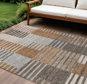 Homeroots 3' Brown Gold Taupe Striped Washable Area Rug - Perfect For Indoor And Outdoor Spaces, Durable Design 8' X 10' Polyester 581704
