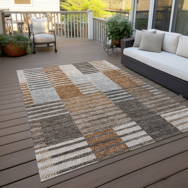 Homeroots 3' Brown Gold Taupe Striped Washable Area Rug - Perfect For Indoor And Outdoor Spaces, Durable Design 8' X 10' Polyester 581704