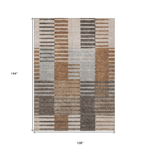 Homeroots 3' Brown Gold Taupe Striped Washable Area Rug - Perfect For Indoor And Outdoor Spaces, Durable Design 9' X 12' Polyester 581705
