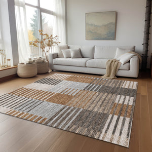 Homeroots 3' Brown Gold Taupe Striped Washable Area Rug - Perfect For Indoor And Outdoor Spaces, Durable Design 9' X 12' Polyester 581705