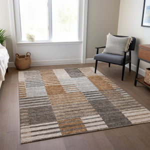 Homeroots 3' Brown Gold Taupe Striped Washable Area Rug - Perfect For Indoor And Outdoor Spaces, Durable Design 10' X 14' Polyester 581706