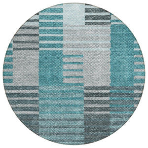 HomeRoots 5' Durable Teal Blue Aqua and Gray Striped Area Rug for Indoor and Outdoor Use - Stylish & Washable 8' Round 581715