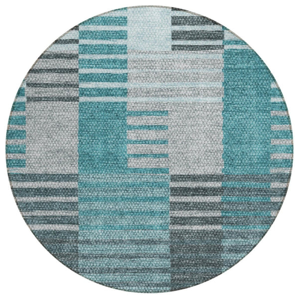 HomeRoots 5' Durable Teal Blue Aqua and Gray Striped Area Rug for Indoor and Outdoor Use - Stylish & Washable 8' Round 581715