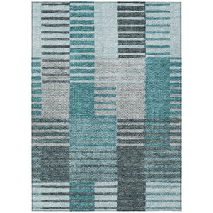 HomeRoots 5' Durable Teal Blue Aqua and Gray Striped Area Rug for Indoor and Outdoor Use - Stylish & Washable 8' X 10' 581716