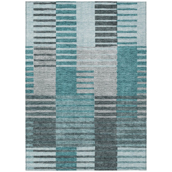 HomeRoots 5' Durable Teal Blue Aqua and Gray Striped Area Rug for Indoor and Outdoor Use - Stylish & Washable 8' X 10' 581716