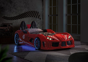 English Elm Modern Race Car Twin Bed with Led Lights Magnetic Doors and Leatherette Upholstery Red B2741S00911