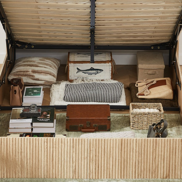 English Elm Queen Lift-Up Storage Bed Frame with Curved Wooden Design, Hydraulic Easy-Access Storage, 1000lb Capacity Oak W1820P379904