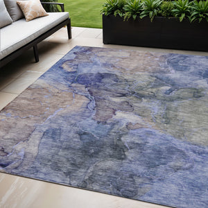 Homeroots 3' Navy Blue And Beige Abstract Washable Area Rug For Indoor And Outdoor Spaces, Durable Design 5' X 8' Polyester 581756