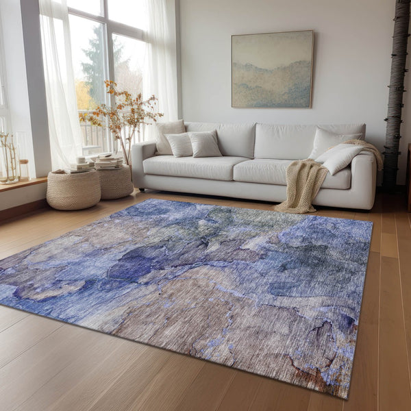 Homeroots 3' Navy Blue And Beige Abstract Washable Area Rug For Indoor And Outdoor Spaces, Durable Design 5' X 8' Polyester 581756