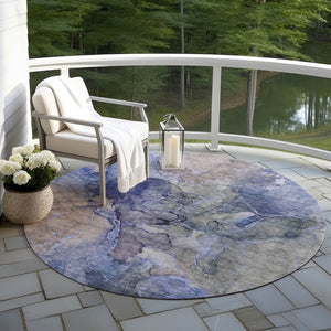 Homeroots 3' Navy Blue And Beige Abstract Washable Area Rug For Indoor And Outdoor Spaces, Durable Design 8' Round Polyester 581757