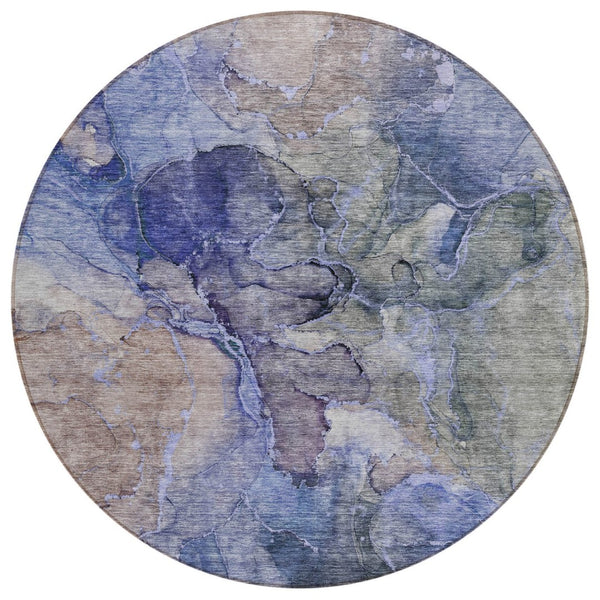 HomeRoots 5' Navy Blue and Beige Abstract Washable Area Rug – Stylish, Durable, and Perfect for Indoor or Outdoor Use 8' Round 581757