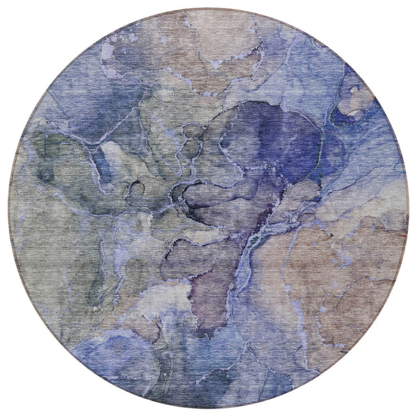 Homeroots 3' Navy Blue And Beige Abstract Washable Area Rug For Indoor And Outdoor Spaces, Durable Design 8' Round Polyester 581757