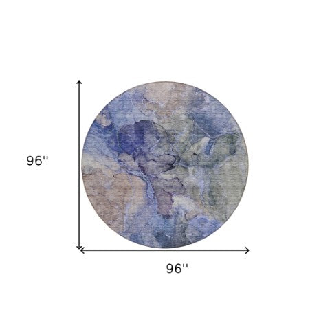 Homeroots 3' Navy Blue And Beige Abstract Washable Area Rug For Indoor And Outdoor Spaces, Durable Design 8' Round Polyester 581757