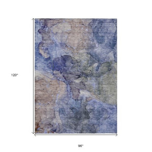 Homeroots 3' Navy Blue And Beige Abstract Washable Area Rug For Indoor And Outdoor Spaces, Durable Design 8' X 10' Polyester 581758