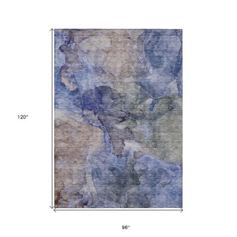 Homeroots 3' Navy Blue And Beige Abstract Washable Area Rug For Indoor And Outdoor Spaces, Durable Design 8' X 10' Polyester 581758
