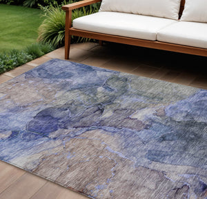 Homeroots 3' Navy Blue And Beige Abstract Washable Area Rug For Indoor And Outdoor Spaces, Durable Design 9' X 12' Polyester 581759