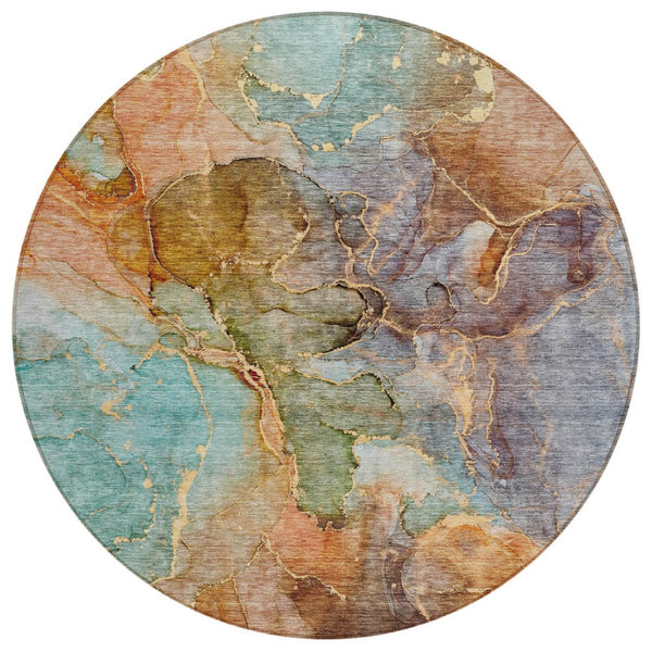 HomeRoots 5' Vibrant Copper Orange and Teal Blue Abstract Indoor Outdoor Area Rug for Stylish Spaces 8' Round 581763