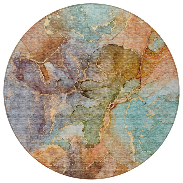 Homeroots 3' Navy Blue And Beige Abstract Washable Area Rug For Indoor And Outdoor Spaces, Durable Design 8' Round Polyester 581763