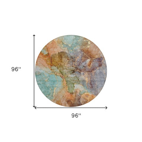 Homeroots 3' Navy Blue And Beige Abstract Washable Area Rug For Indoor And Outdoor Spaces, Durable Design 8' Round Polyester 581763