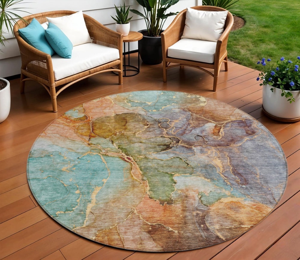 HomeRoots 5' Vibrant Copper Orange and Teal Blue Abstract Indoor Outdoor Area Rug for Stylish Spaces 8' Round 581763