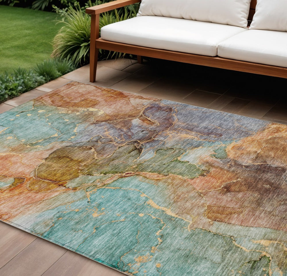HomeRoots 9' Copper Orange and Teal Blue Abstract Area Rug – Durable, Washable, Perfect for Indoor and Outdoor Spaces 9' X 12' 581765