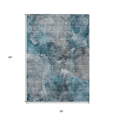 Homeroots 3' Navy Blue And Beige Abstract Washable Area Rug For Indoor And Outdoor Spaces, Durable Design 3' X 5' Polyester 581773