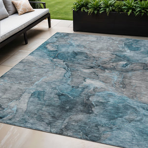 Homeroots 3' Navy Blue And Beige Abstract Washable Area Rug For Indoor And Outdoor Spaces, Durable Design 5' X 8' Polyester 581774