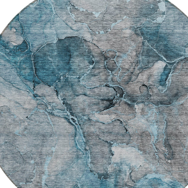 Homeroots 3' Navy Blue And Beige Abstract Washable Area Rug For Indoor And Outdoor Spaces, Durable Design 8' Round Polyester 581775