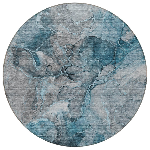 Homeroots 3' Navy Blue And Beige Abstract Washable Area Rug For Indoor And Outdoor Spaces, Durable Design 8' Round Polyester 581775