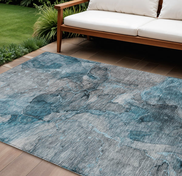 Homeroots 3' Navy Blue And Beige Abstract Washable Area Rug For Indoor And Outdoor Spaces, Durable Design 9' X 12' Polyester 581777