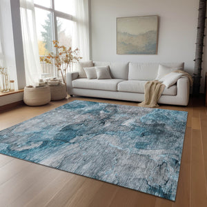 Homeroots 3' Navy Blue And Beige Abstract Washable Area Rug For Indoor And Outdoor Spaces, Durable Design 9' X 12' Polyester 581777