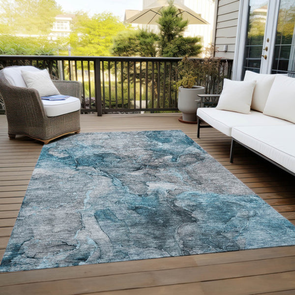 Homeroots 3' Navy Blue And Beige Abstract Washable Area Rug For Indoor And Outdoor Spaces, Durable Design 10' X 14' Polyester 581778