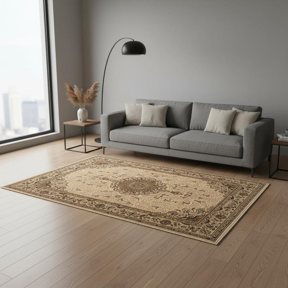 HomeRoots 5' X 7' Beige Abstract Area Rug - Plush Comfort, Stain Resistant, Modern Design for High-Traffic Spaces 581791