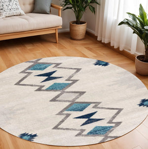HomeRoots 8' Abstract Round Rug in Beige, Blue & Brown - Modern, Durable, Stain-Resistant Design for Any Room! 581793