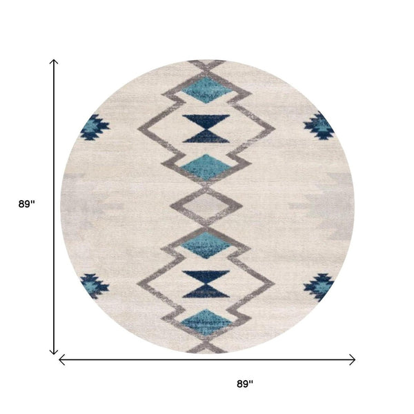 HomeRoots 8' Abstract Round Rug in Beige, Blue & Brown - Modern, Durable, Stain-Resistant Design for Any Room! 581793