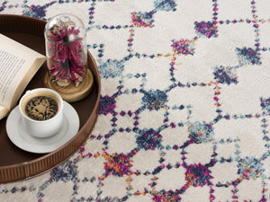 HomeRoots 8' Modern Beige and Blue Abstract Round Rug - Soft, Stain-Resistant, Durable Design for Any Space! 581795