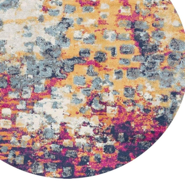HomeRoots 8' Vibrant Yellow and Blue Abstract Round Rug - Stain-Resistant, Durable, Modern Design for Any Room 581797
