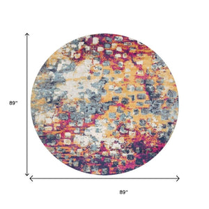 HomeRoots 8' Vibrant Yellow and Blue Abstract Round Rug - Stain-Resistant, Durable, Modern Design for Any Room 581797