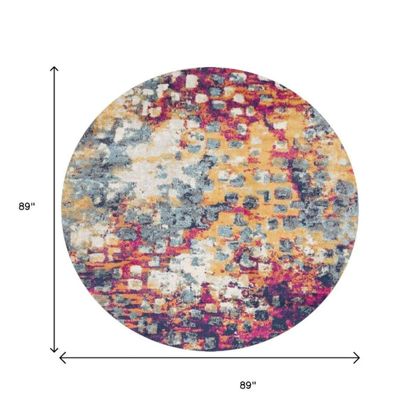 HomeRoots 8' Vibrant Yellow and Blue Abstract Round Rug - Stain-Resistant, Durable, Modern Design for Any Room 581797