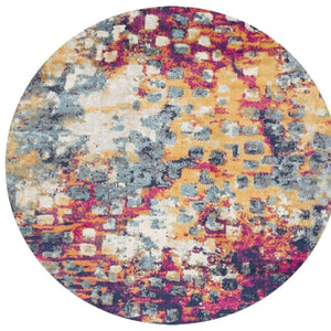 HomeRoots 8' Vibrant Yellow and Blue Abstract Round Rug - Stain-Resistant, Durable, Modern Design for Any Room 581797