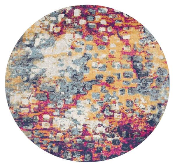HomeRoots 8' Vibrant Yellow and Blue Abstract Round Rug - Stain-Resistant, Durable, Modern Design for Any Room 581797