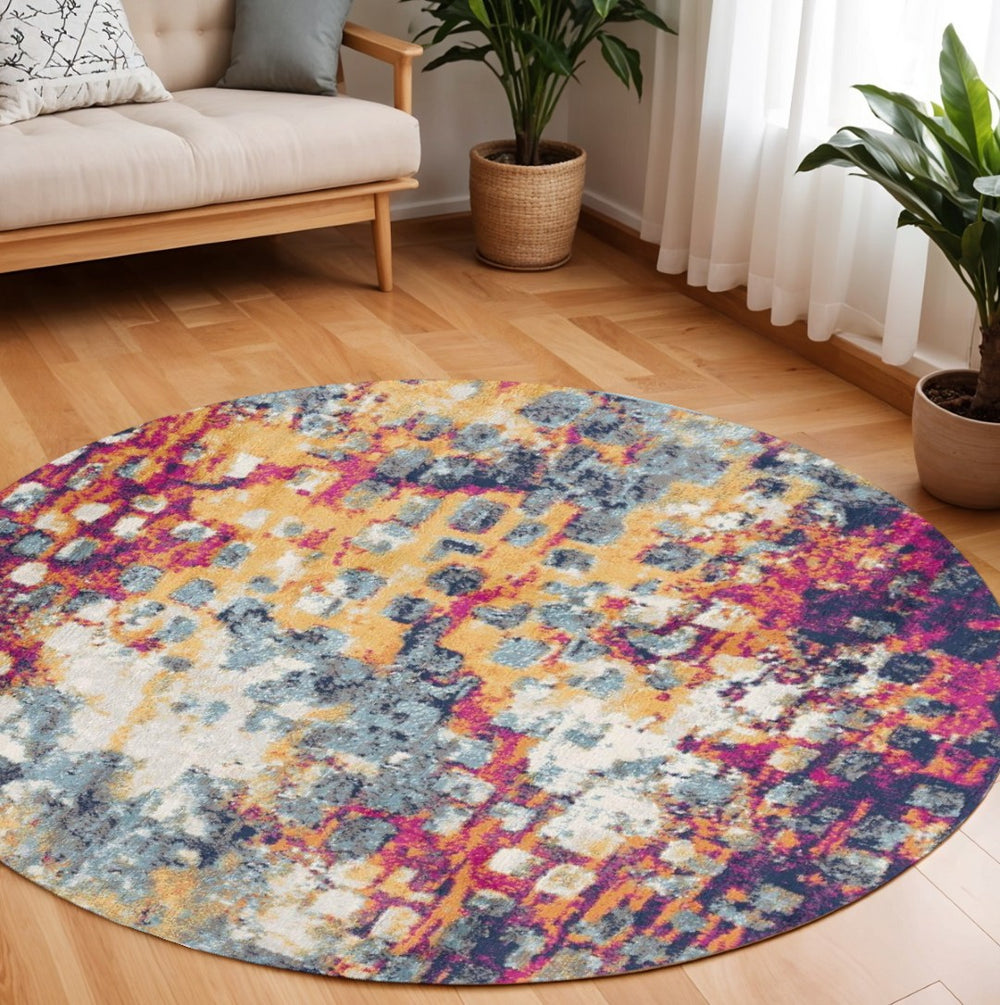 HomeRoots 8' Vibrant Yellow and Blue Abstract Round Rug - Stain-Resistant, Durable, Modern Design for Any Room 581797
