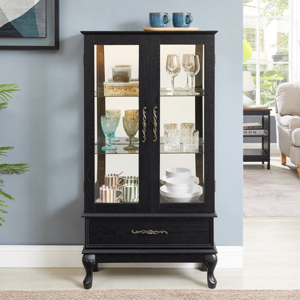 English Elm Lighted Curio Cabinet with Vintage Carved Handles, LED Display, Adjustable Shelves & Hidden Drawer 40" W2275P389711