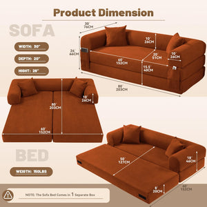 English Elm Convertible Corduroy Sleeper Sofa Queen Fold Out Bed with Dual Storage Pockets Orange W3396P483177