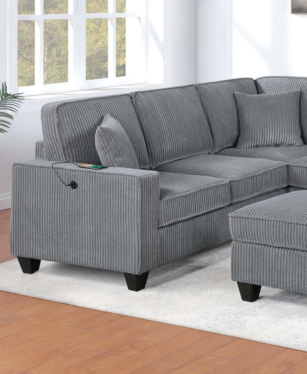 English Elm Dark Corduroy U-shaped Sectional Set with Usb Charging Ottoman and Plush Cushions Fog B011S02190