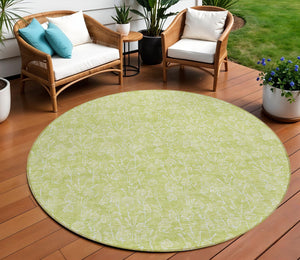 Homeroots 3' Artichoke Green & Ivory Floral Washable Area Rug For Indoor & Outdoor Spaces, Durable Design 8' Round Polyester 581842