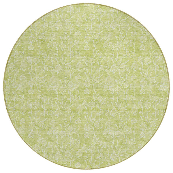 HomeRoots 5' Artichoke Green and Ivory Floral Washable Area Rug for Indoor and Outdoor High Traffic Spaces 8' Round 581842