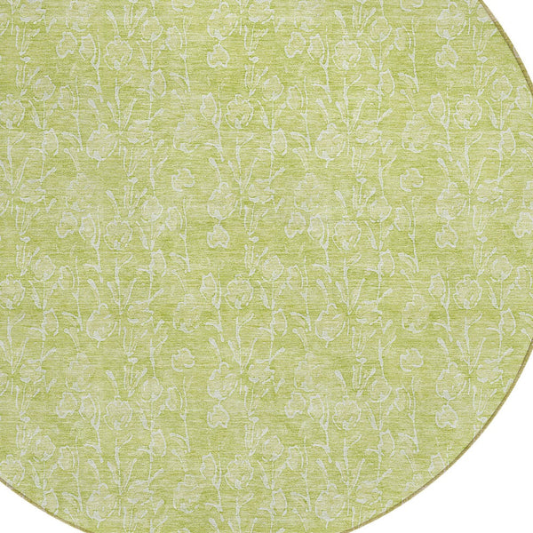 Homeroots 3' Artichoke Green & Ivory Floral Washable Area Rug For Indoor & Outdoor Spaces, Durable Design 8' Round Polyester 581842